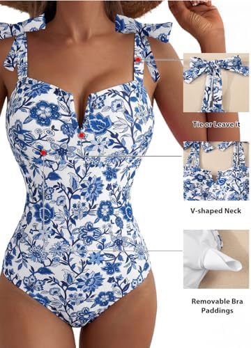 Aleumdr Women Tummy Control Swimsuit Retro One Piece Bathing Suit V Neck Boho Tie Shoulder Print Floral Swimwear Padded Push Up Swim Suit Blue Large - 4