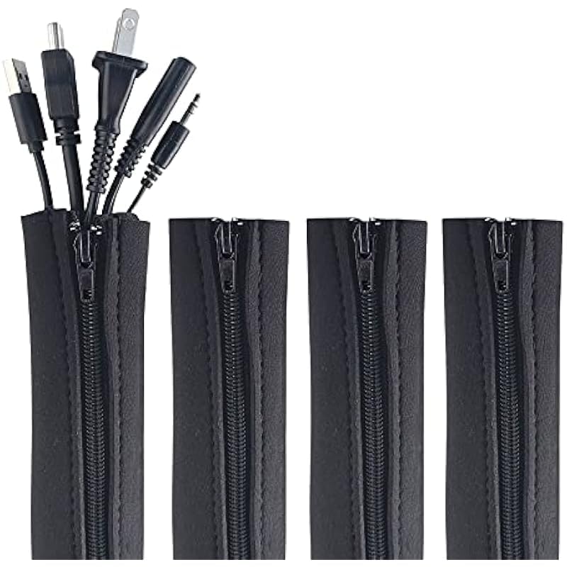 4 PCS Zipper Cable Organizer Sleeves, Cable Management Sleeve for TV and Computer Cords, Black Polyester, Reliable and Easy to Use, Great for Tidy Home and Office