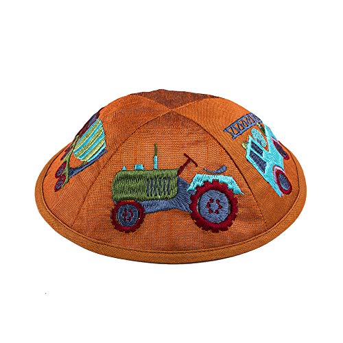 EMANUEL Yair Kippah for Boys Kids Embroidered Trucks Children Yarmulke (Orange YPA-6B, 1)