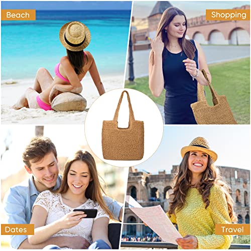 Anchang Straw Beach Bag Handmade Tote Bag Women Straw Bag Large Capacity Beach Bag Soft Woven Bag Shoulder Bag Summer Handbag (Brown) #TOP6