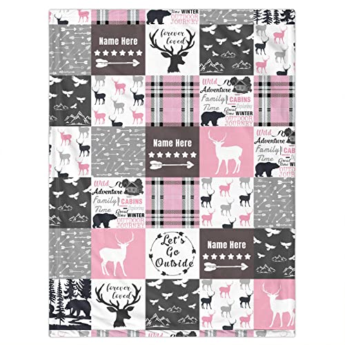 Pink Woodland Deer Personalized Baby Blanket with Name, Custom Deer and Bear Swadding Blankets for Baby Girls Kids, Woodland Nursery Decor, Adventure Soft Receiving Blankets for Newborn Infant
