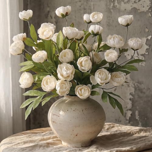 6 PCS 27Artificial Peony Branches Realistic Silk Peonies Stems(Cream)