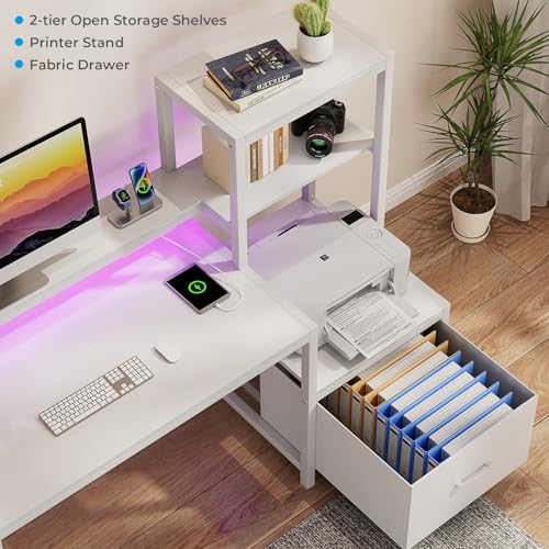 Image of GreenForest Computer Desk with Drawers and Monitor Stand, Home Office Desk with Storage Shelves, Small Gaming Desk with Power Outlets and LED Lights for Study Writing Working, 51 inch White