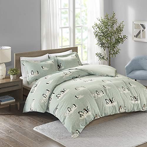 Sleep Philosophy True North Cozy Flannel Duvet Cover 100% Cotton Flannel Novel Adorable Animal Print, All Season Comforter Cover Bedding Set with Sham, Full/Queen, Aqua Penguin 3 Piece