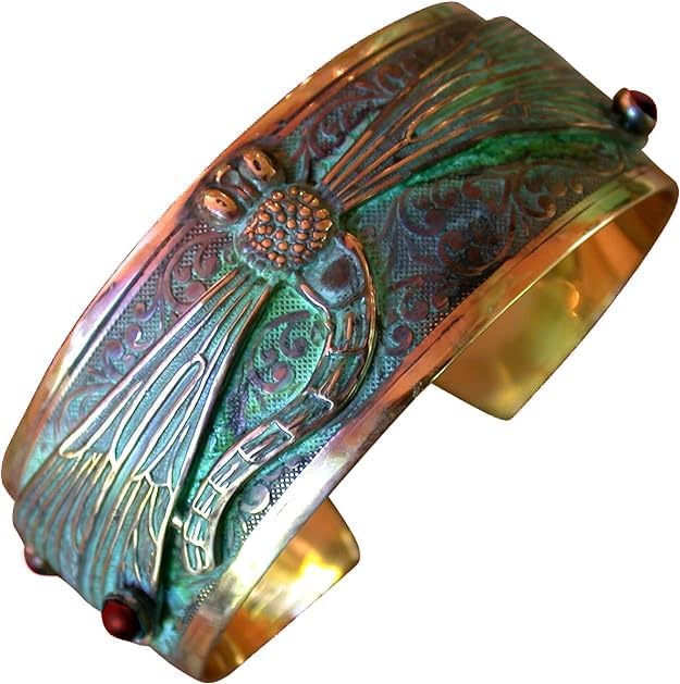 Elaine Coyne Collectible Artwear Verdigris Patina Solid Brass Decorative Dragonfly Cuff - Genuine Garnet - Image 6