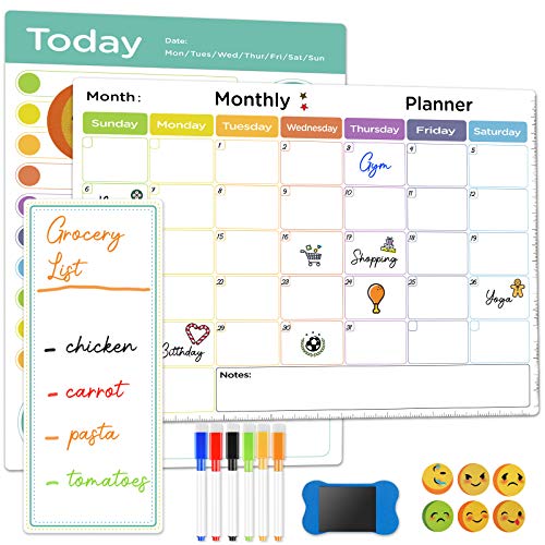 Dry Erase Whiteboard Calendar, 3 Pack Magnetic Calendar for Refrigerator Wall 2021 White Board with 6 Markers & 6 Fridge Magnets & 1 Eraser, Monthly Organizer & Daily Notepad by AGPTEK