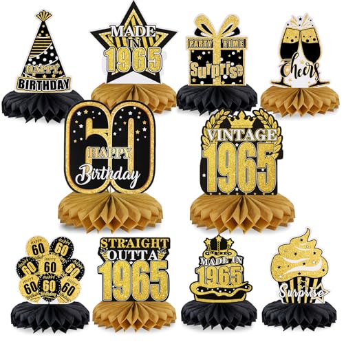 Huiguli Centrotavola Compleanno, 10 Pz Centrotavola a Nido d'Ape Decorazioni, Nero Oro Centrotavola Compleanno Decorazione, 60° Compleanno Toppers da Tavolo per Uomini e Donna per Feste di Compleanni
