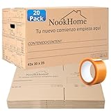 NOOKHOME Pack 20 Cajas Mudanza 43x30x25 cm con Asas + Precinto| Alta Resistencia 32 L, Apilables | Iconos de Estancias + Líneas para Escribir | Altura Ajustable | Recicladas | Fabricadas en España