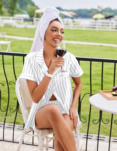 Image of Ekouaer Silk Pajamas for Women Button Down Sleepwear 2 Piece Pjs Shorts Set | Classic Short Sleeve Notch Neck Lounge Set with Pockets,Soft Cute Pj Set,Bridal Gifts,Pajama Party,Maternity Outfits