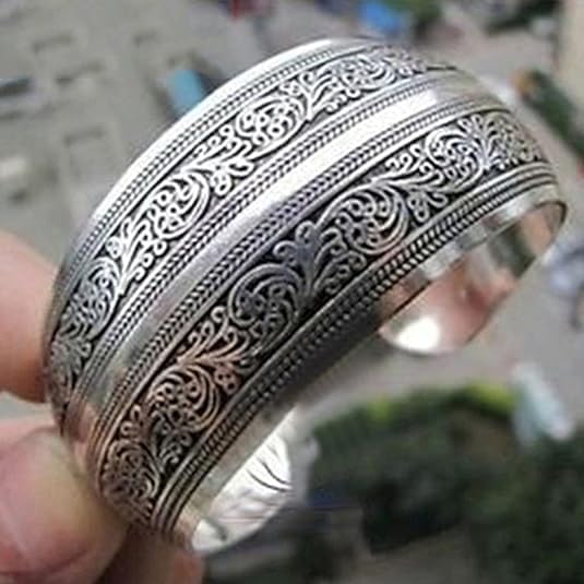 1Pc Silver Tibeten Carved Bracelets,Spiral Flower Connecting Branches Pattern Elephant Turtle,Wide Grooved Band Open Cuff Bracelet Bangle Size Jewelry for Adult Gift adjustable Women's Cuff Bracelets - Image 6