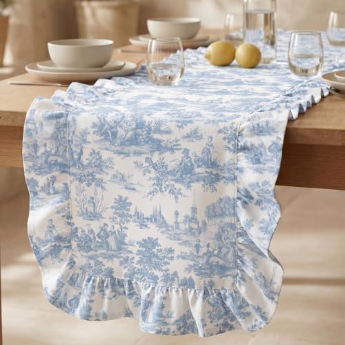 Tegeme Blue Toile Floral Ruffled Table Runner 14 x 72 in Rustic Farmhouse
