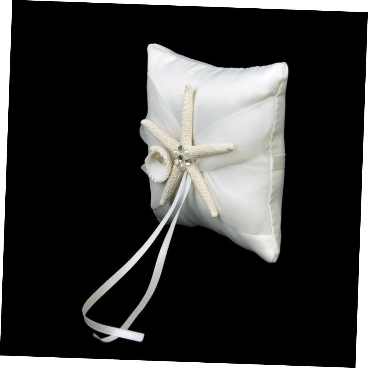White Wedding Ring Bearer Pillow with Satin Ribbons and Sea Star Buckle Beach Bridal Cushion with Back Strap for Ceremony Keepsake