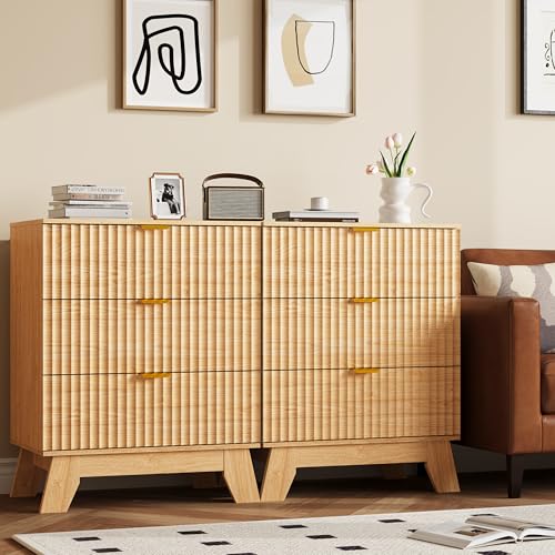 Image of Fluted Nightstand Sets of 2 with 3 Large Drawers, Wooden Side End Table with Elevated Legs for Easy Cleaning, Sturdy Modern Beside Table for Small Space, Bedroom, Oak, 24 inch L