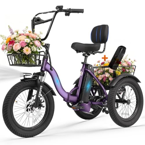 T300 Electric Tricycle for Adults, Peak 1200W Motor Folding E-Trike, 48V 13Ah Battery, 18" x 3.0" Fat Tire 3-Wheel Electric Bike, Step-Thru Ebike with Basket, Up to 65 Miles & 18 MPH image 8