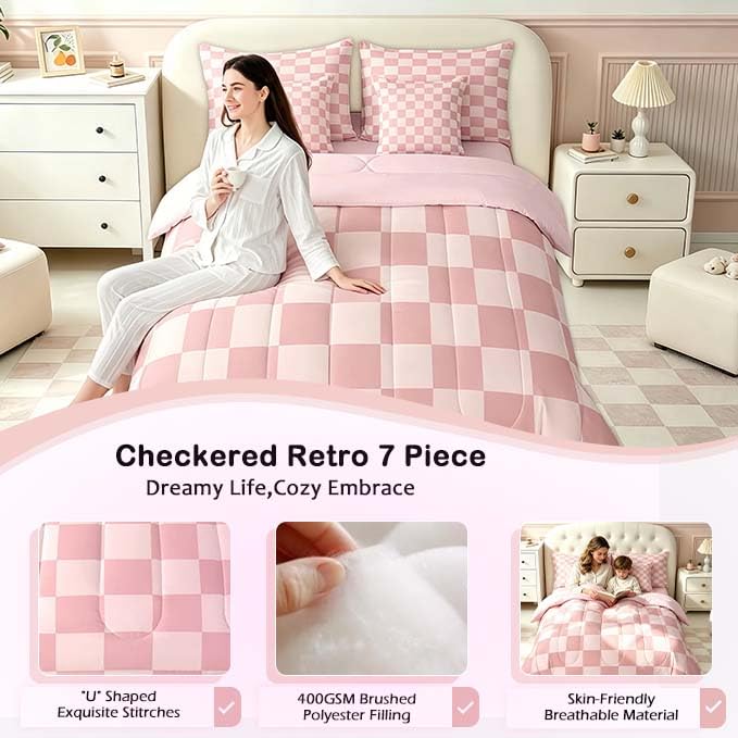 Image of Feelyou Checkered Retro 7 Piece Bedding Set Teen Women Men Pink Gradient Plaid Comforter Set with Sheets King Size Kids Boys Geometric Vintage Bed in a Bag Modern Simple Groovy Aesthetic Room Decor