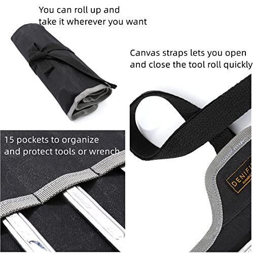 Wrench Roll,Durable Waxed Canvas Wrench Set Roll Pouches 15 Pockets, Multi-Purpose Roll Up Tool Bag with Strap (26.5" X 12.5 ", Black) - Image 3