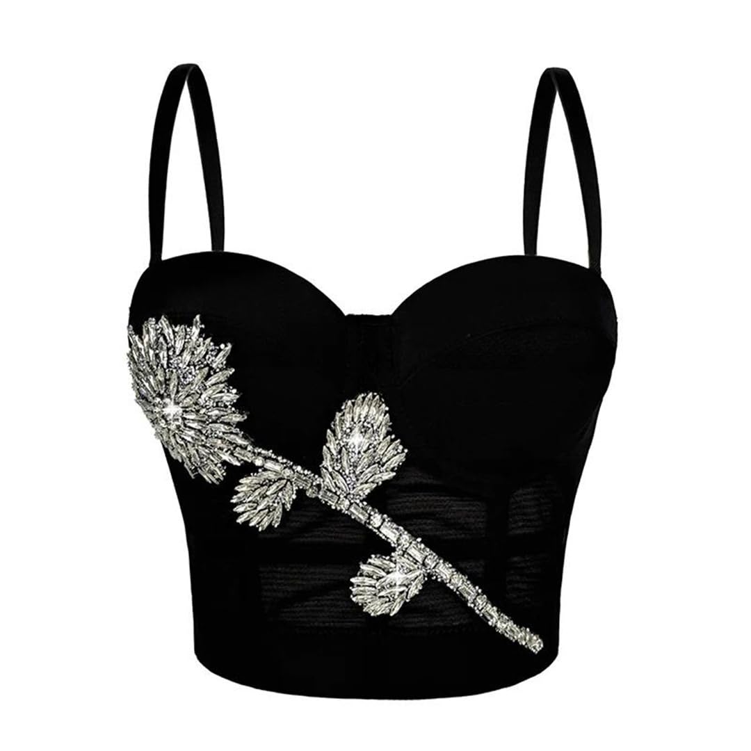 Yeuyyben Canotta da donna con strass e fiori, senza maniche, con schiena scoperta, aderente, elegante, estiva, alla moda