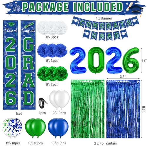 Image of Graduation Party Decorations Class of 2026, Graduation Decorations with Congrats Grad Banner Fringe Foil Curtain Paper Flower Ball Balloons for High School College Grad Party Supplies, Blue Green