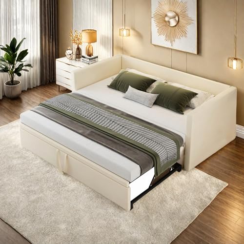 Sofá cama 90/180 x 200 cm, cama nido a la misma altura, cama con cama nido, sofá cama doble con somier, terciopelo (Beige, 90/180 x 200 cm)