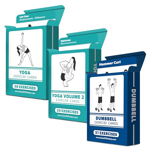 3 Pack - Exercise Cards - Yoga Poses Volume 1 & 2 + Dumbbell Exercises - Yoga Positions and Dumbbell Workout Fitness Cards - 2.5 x 3.5