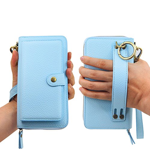 iPhone 7 Plus Wallet Case - JAZ Zipper Purse Detachable Magnetic14 Card Slots Money Pocket Clutch Leather Wallet Case for Apple iPhone 8 Plus/iPhone 7 Plus Sky Blue