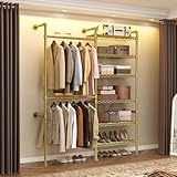 Wall Mounted Garment Rack, Walk-in Closet System with 2 Expandable Rods, 6 Adjustable Shelves, Industrial Pipe Clothing Racks, Hanging Clothes Organizers and Storage, Metal Closet Shelving Gold