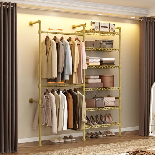 Wall Mounted Garment Rack, Walk-in Closet System with 2 Expandable Rods, 6 Adjustable Shelves, Industrial Pipe Clothing Racks, Hanging Clothes Organizers and Storage, Metal Closet Shelving Gold