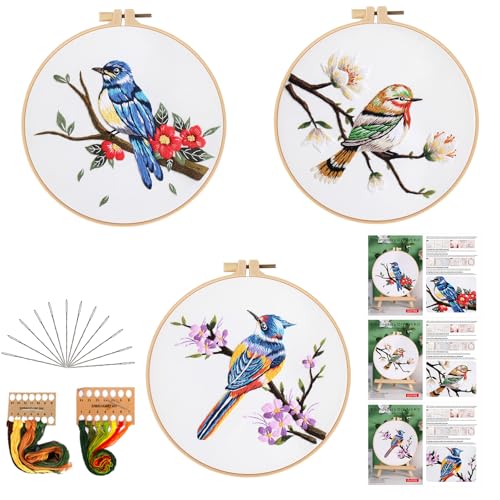 Image of GLTAYLMY 3 Sets Embroidery Kit for Beginners Needlepoint Cross Stitch Kits for Adults,Stitch Learning DIY Kit with Easy Instruction,Stamped Bird Embroidery Patterns,Hoop,Threads,Sewing Hobby