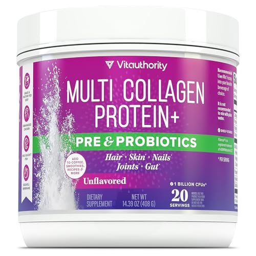 Multi Collagen Probiotics for Women Prebiotics Protein Powder | 20g Collagen Peptides Hyaluronic Acid Vitamin C & Fibersol Prebiotic Support Skin Elasticity Digestion Gut Health Unflavored 20 Servings
