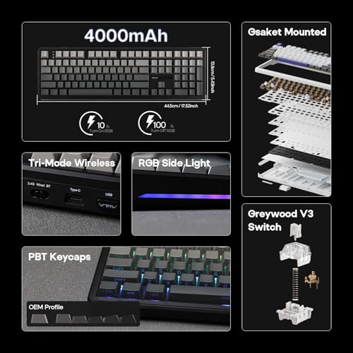 Image of EPOMAKER Aula F108 Wireless Gaming Keyboard, Mechanical Keyboard with 8000 mAh Battery, 108 Hot-Swap and Programmable Keys, RGB Backlight, for Mac /PC /Android (BlackOmbre, Greywood V3)