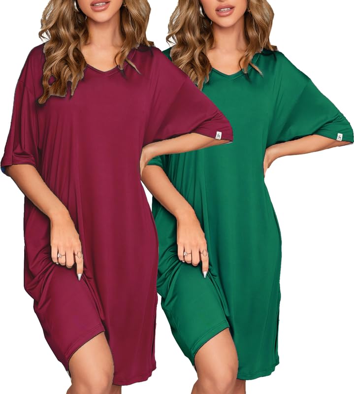 Image of ft FENTENG 2-Pack Women's Nightgowns Short Sleeve Nightshirt V Neck Soft Sleepwear Casual Sleepshirts Loose Pajama Dress
