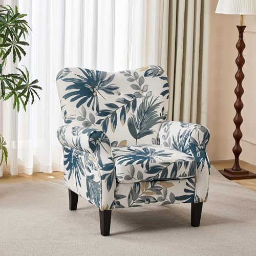 YOLENY Modern Accent Chair,High Back Armchair,Upholstered Fabric Button Single Sofa with Wooden Legs for Living Room,Bedroom,Blue Leaves - Image 2