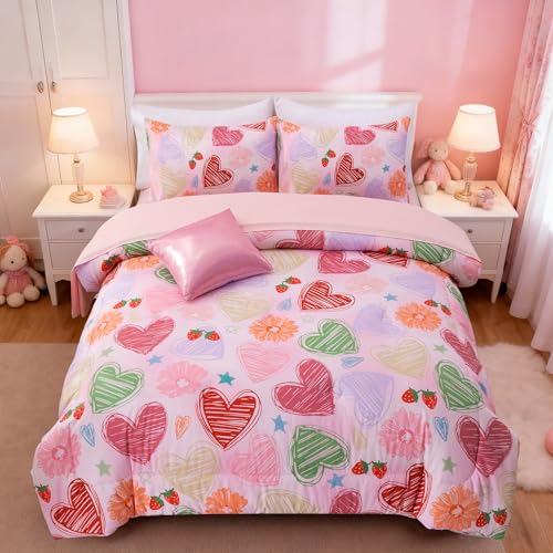 Image of A Nice Night 6 Piece Comforter Set Bed in a Bag with Comforter & Sheet Set,Watercolor Pink Bow Hearts Flower Strawberries Printed Bedding Sets Kids Girls,Twin