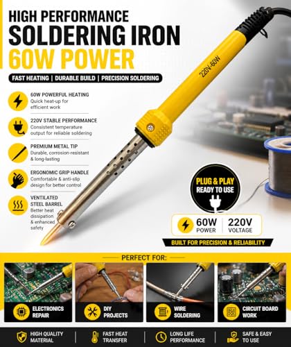Image of Multi Purpose Soldering Iron, 220V-60W, Fast Heating, Steel Tip, Yellow, 24.77 cm, for Electronics, DIY Projects