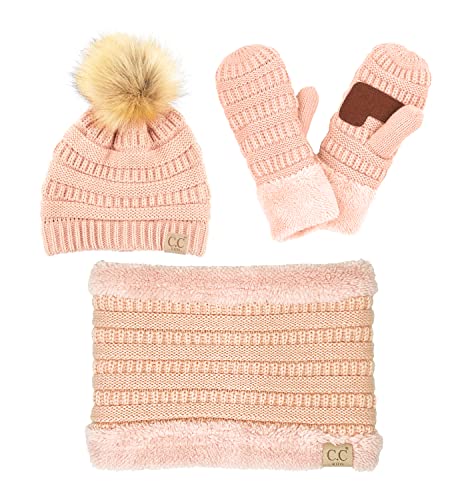 Image of Funky Junque Kids Matching Neck Warmer Scarf Soft Fuzzy Cuff Gloves Mittens Ribbed Knit Pom Pom Beanie Bundle Boy Girl