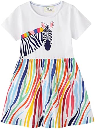 RETSUGO Little Girls A-Line Dress Cute Unicorn Rainbow Pattern Short Sleeve Casual Cotton Toddler Girl Dresses for Party 1-8 Years Zebra-1055-4T
