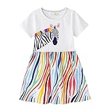 RETSUGO Little Girls A-Line Dress Cute Unicorn Rainbow Pattern Short Sleeve Casual Cotton Toddler Gi