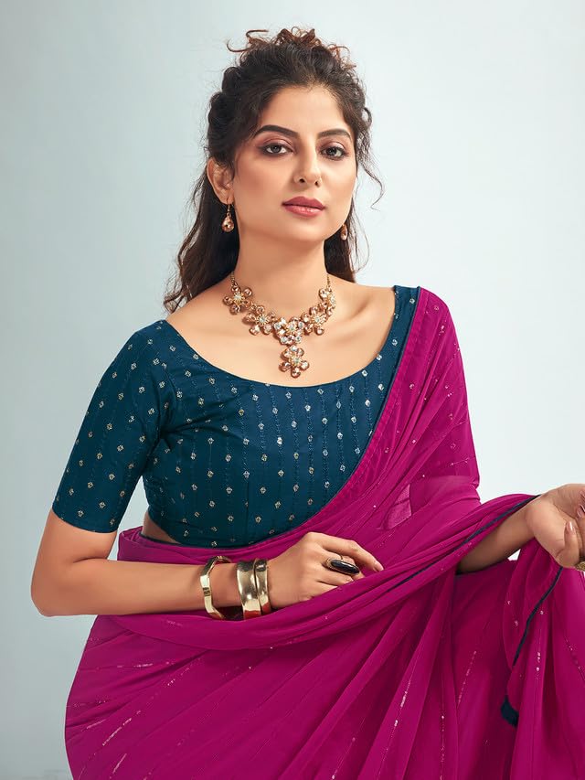 Satrani Women's Georgette Sequence Work & Piping Border Saree With Unstitched Blouse Piece (3475S706N_Rani Pink)