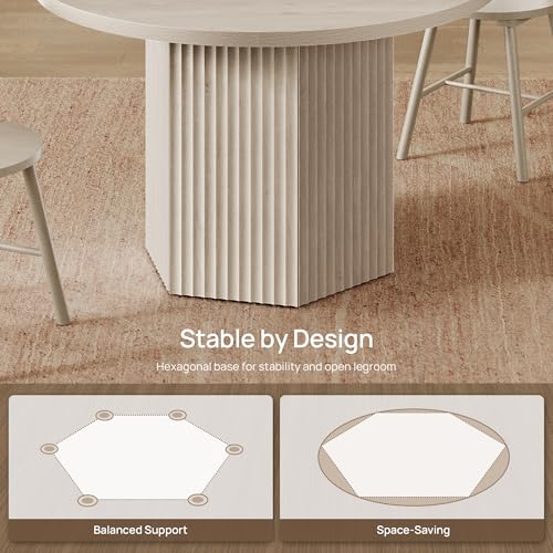 SICOTAS Round Dining Table for 4 6 People 47\" Fluted Kitchen Dinner Table Modern Wooden Circle Dining Room Table with Sturdy Base for Dining Room Kitchen Living Room, White Alder