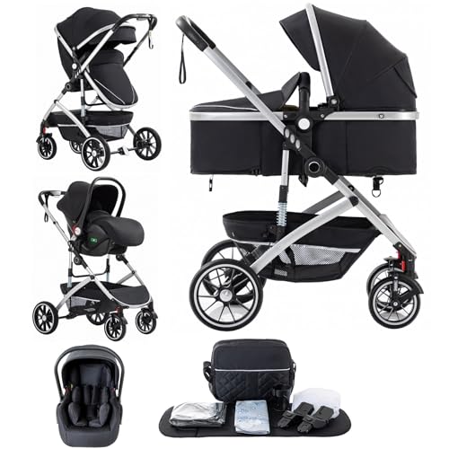 Lnhcrbs Kinderwagen 3 in 1,Reise Stroller Lässt Sich Schnell mit Einem Klick Zusammenklappen,Kinderwagen ist an den Vorderrädern abschließbar,Pram mit Großzügiger Ruhebereich(Schwarz)
