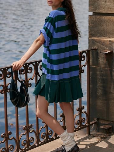 Image of Womens Causal Striped Mini Dress 2025 Polo V Neck Short Sleeve Patchwork Pleated A-Line T Shirt Dress Green