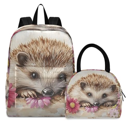 Cute Animal Print Backpack Set with Lunch Bag, Large Capacity Travel Backpacks and Lunch Box Insulated for Commute Hiking Picnic