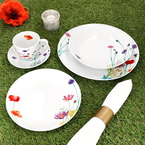 MamboCat Marie 30tlg Kombiservice I Porzellan-Geschirrset mit Blumenwiese-Dekor für 6 Personen I Je 6X Tassen, Untertassen, Kuchenteller, Suppenteller & Speiseteller