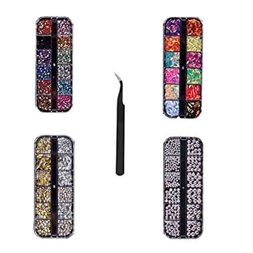 Nail Kit Nail Art, 4100 Pieces 4 Boxes Nail Art Rhinestones Decor Accessories Kit with 1 Piece Rhinestone Picker and Tweezer for Nail Art Decorations Supplies