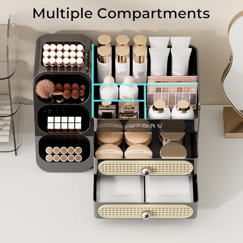 Image of UFORU Makeup Organizer for Vanity with Brush Holder, Large Capacity Bathroom Countertop Skincare Organizer with 2 Drawers, Cosmetic Display Case for Perfumes, Eyeshadow Palettes, Nail Polishes