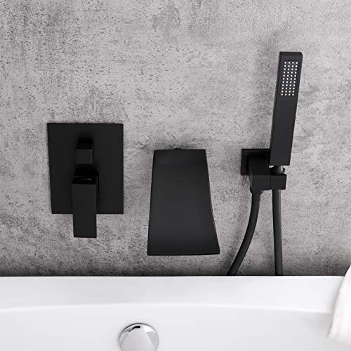 KunMai Modern Waterfall Wall-Mount Tub Filler Faucet & Handshower in Chrome/Black (Black)