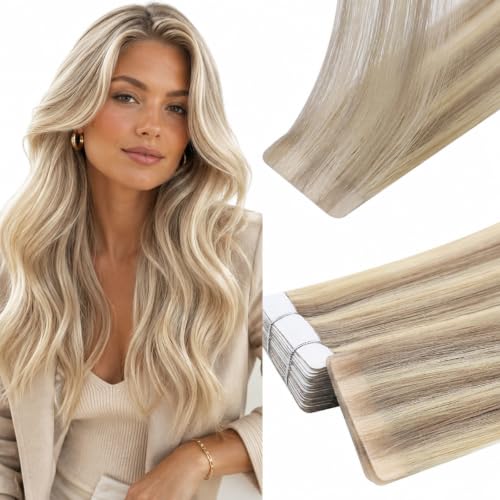 Image of Full Shine Injected Tape in Hair Extensions Human Hair,18 /613 Flax Ash Blonde Blend, 22 Inch, 50G, 20PCS, Invisible Tape in Extensions, Healthy Shine, Natural Looking, Vacation Look