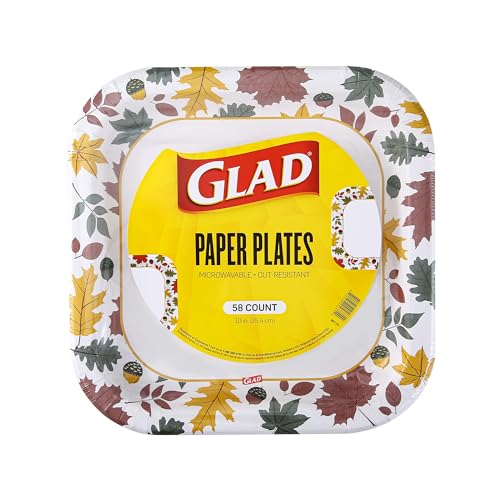 Glad Square Disposable Paper Plates Falling Foliage Autumn Leaf Pattern - Soak Proof Microwave Safe Cut-Resistant Seasonal Dinner Plates for Fall and Thanksgiving 10 Inch 58 Count