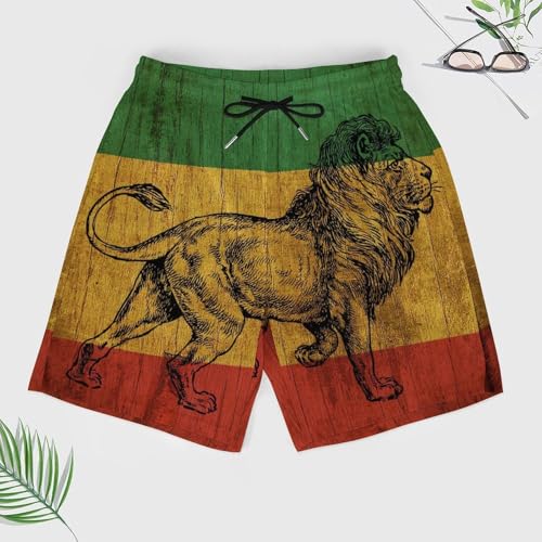 Jamaican Rasta Lion Wooden Flag Beach Shorts for Men Swim Trunks Quick Dry Swim Shorts with Compression Liner Pocket3