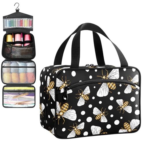 YNNALE Sewing Supply Organizer Bag, Bumblebee Polka Dot Black Yellow Bee Portable Sewing Bags with Pockets&Hanger, Sewing Storage Box Case for Sew Supplies/Kit/Tools/Accessories (BAG ONLY)